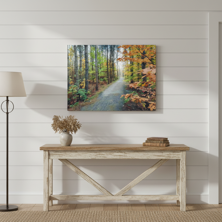 Canvas artwork of a forest scene above a wooden console table in a room with a lamp and decorative items - Studio Shefford
