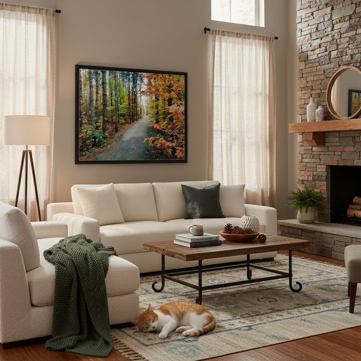 Tranquil Pathway Through Bromont's Vibrant Fall Foliage - Framed Canvas Print