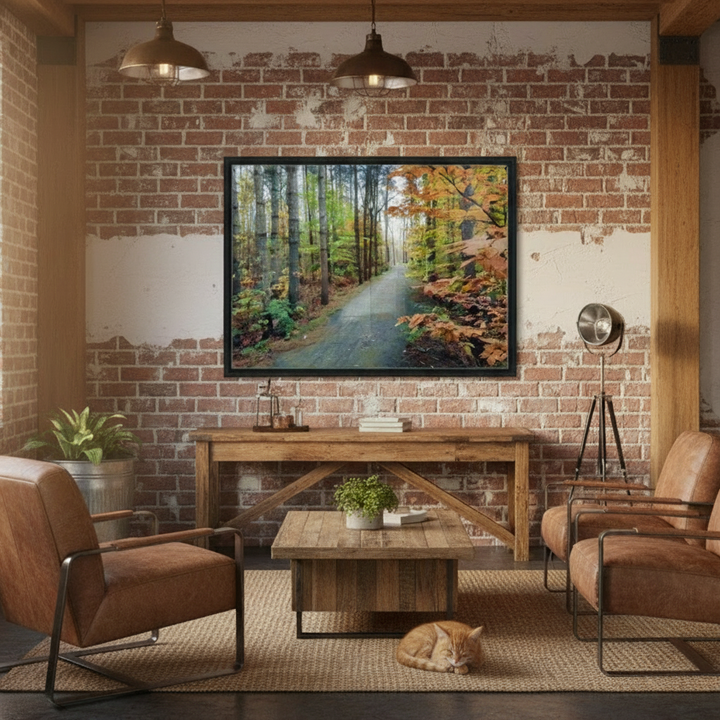 Tranquil Pathway Through Bromont's Vibrant Fall Foliage - Framed Canvas Print