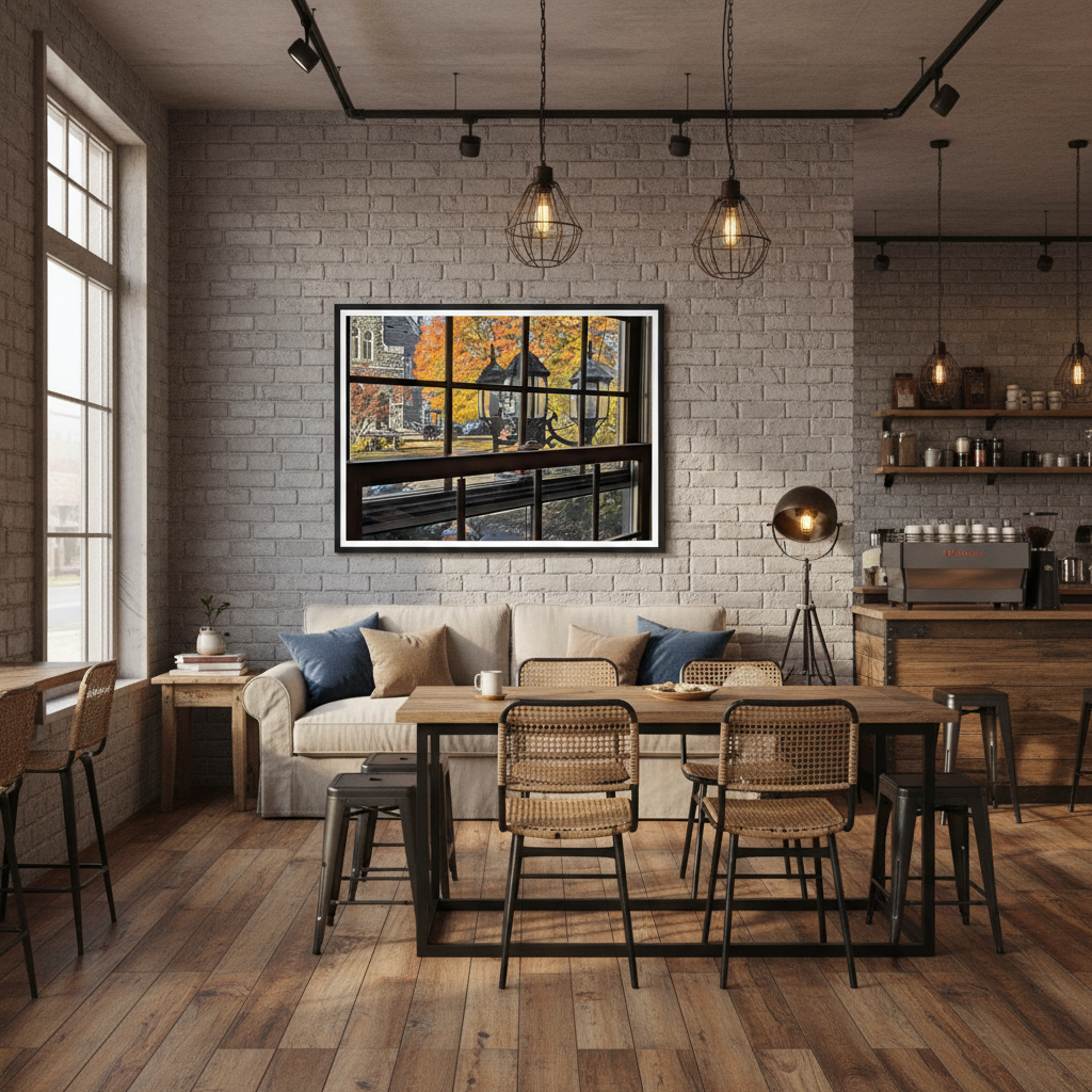 Modern interior design of a cafe with brick walls, including framed lantern art by Studio Shefford, wooden floors, and a large window.