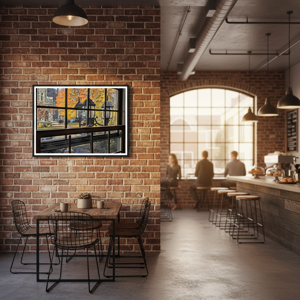Modern cafe interior with brick wall and wall art by Studio Shefford, dining tables, and a large window.