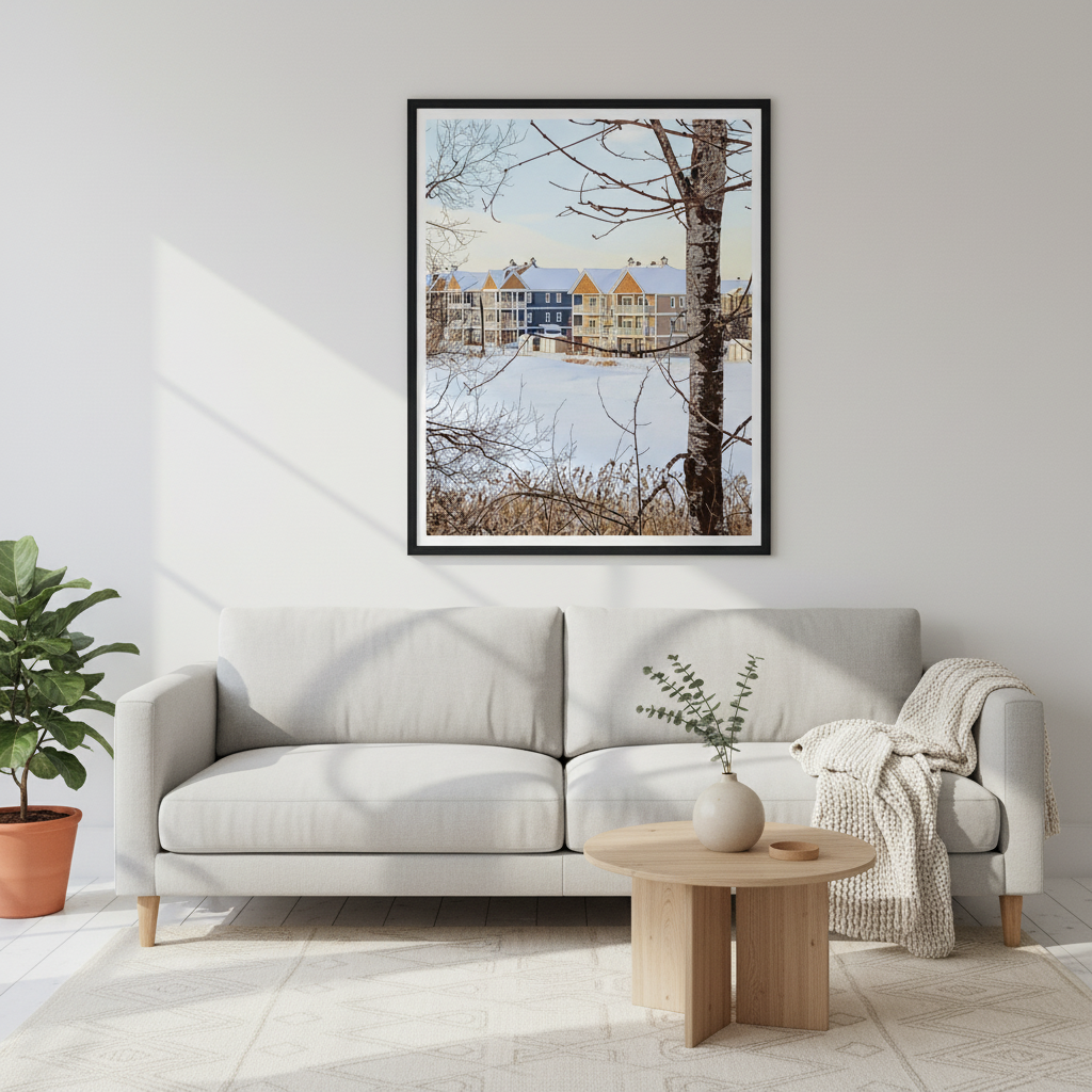 Framed artwork of a snowy landscape with houses by Studio Shefford on a white wall above a gray sofa.