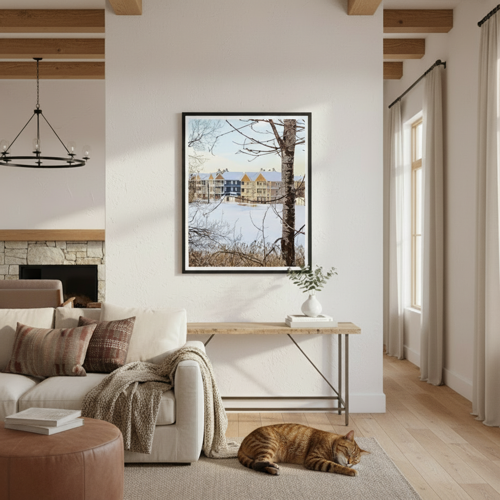 Cozy living room with a cat resting on the floor, a fireplace, and a framed picture by Studio Shefford on the wall.