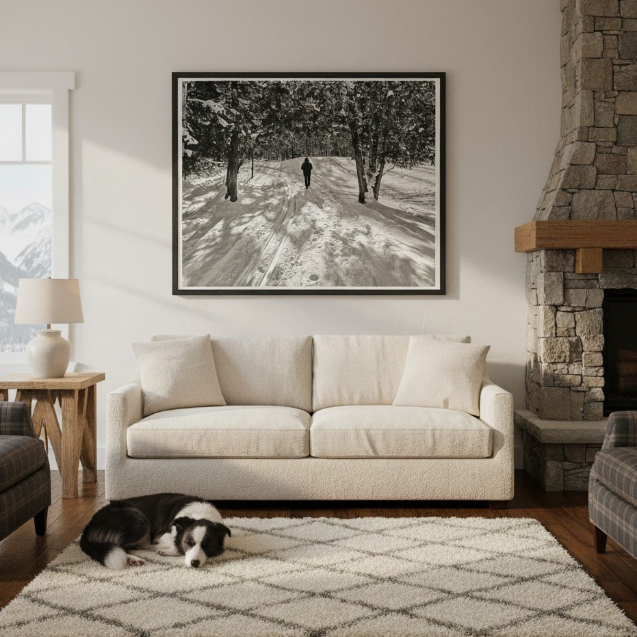 Snowy Path in Monochrome Beauty - Premium Matte Framed Art Print