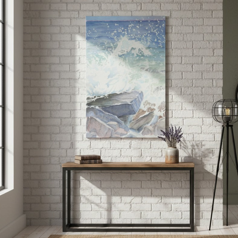 Framed artwork of a whale and ocean scene on a white brick wall above a wooden console table - Bromont Media
