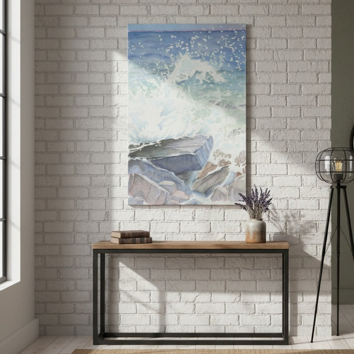 Framed artwork of a whale and ocean scene on a white brick wall above a wooden console table - Bromont Media
