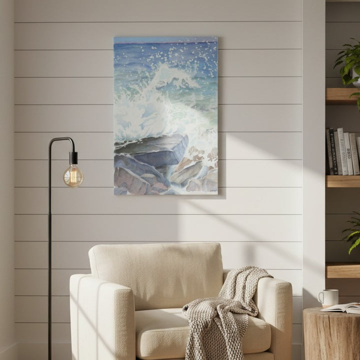 « Euphoria » Impression d'art aquarelle océanique, vagues en cascade bienheureuses - Toile