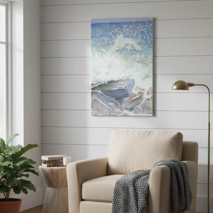 « Euphoria » Impression d'art aquarelle océanique, vagues en cascade bienheureuses - Toile