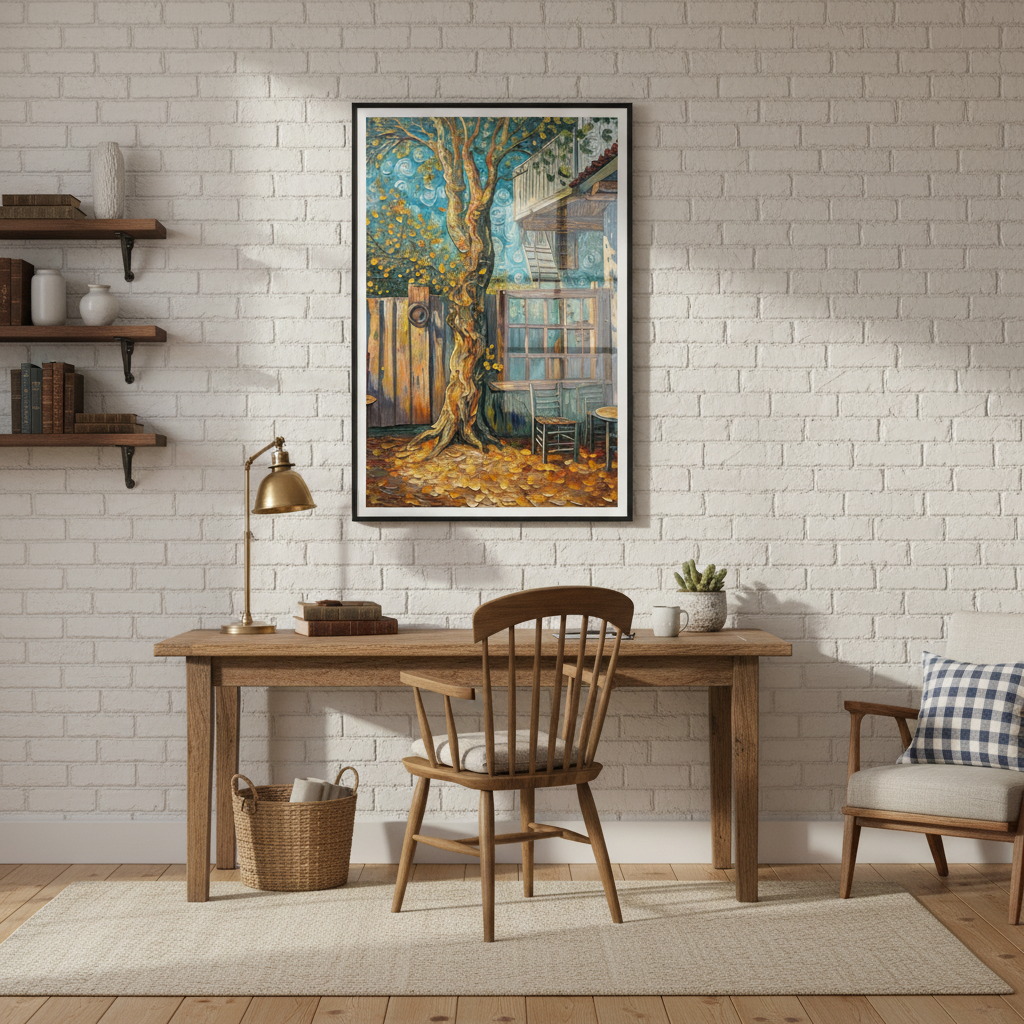 Home office with wooden desk, chair, and wall art on a white brick wall - Studio Shefford