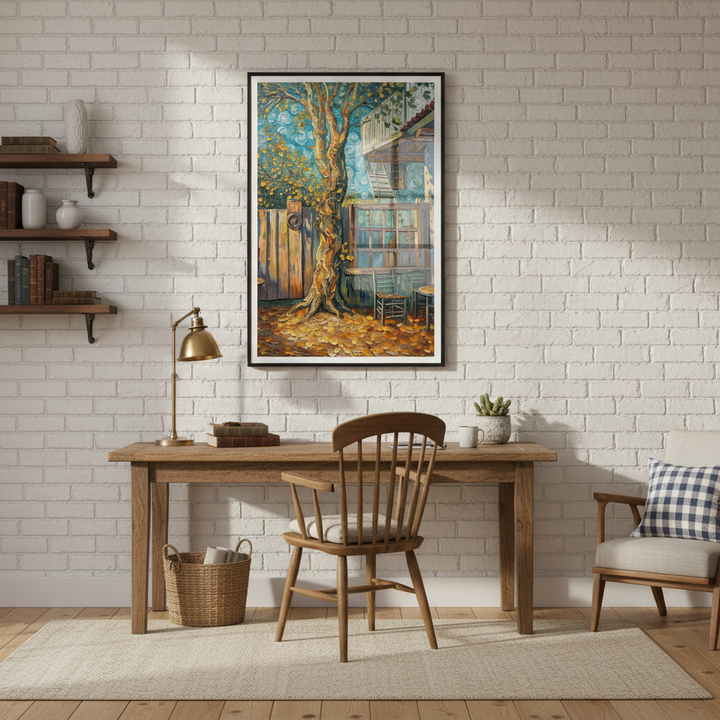 Home office with wooden desk, chair, and wall art on a white brick wall - Studio Shefford