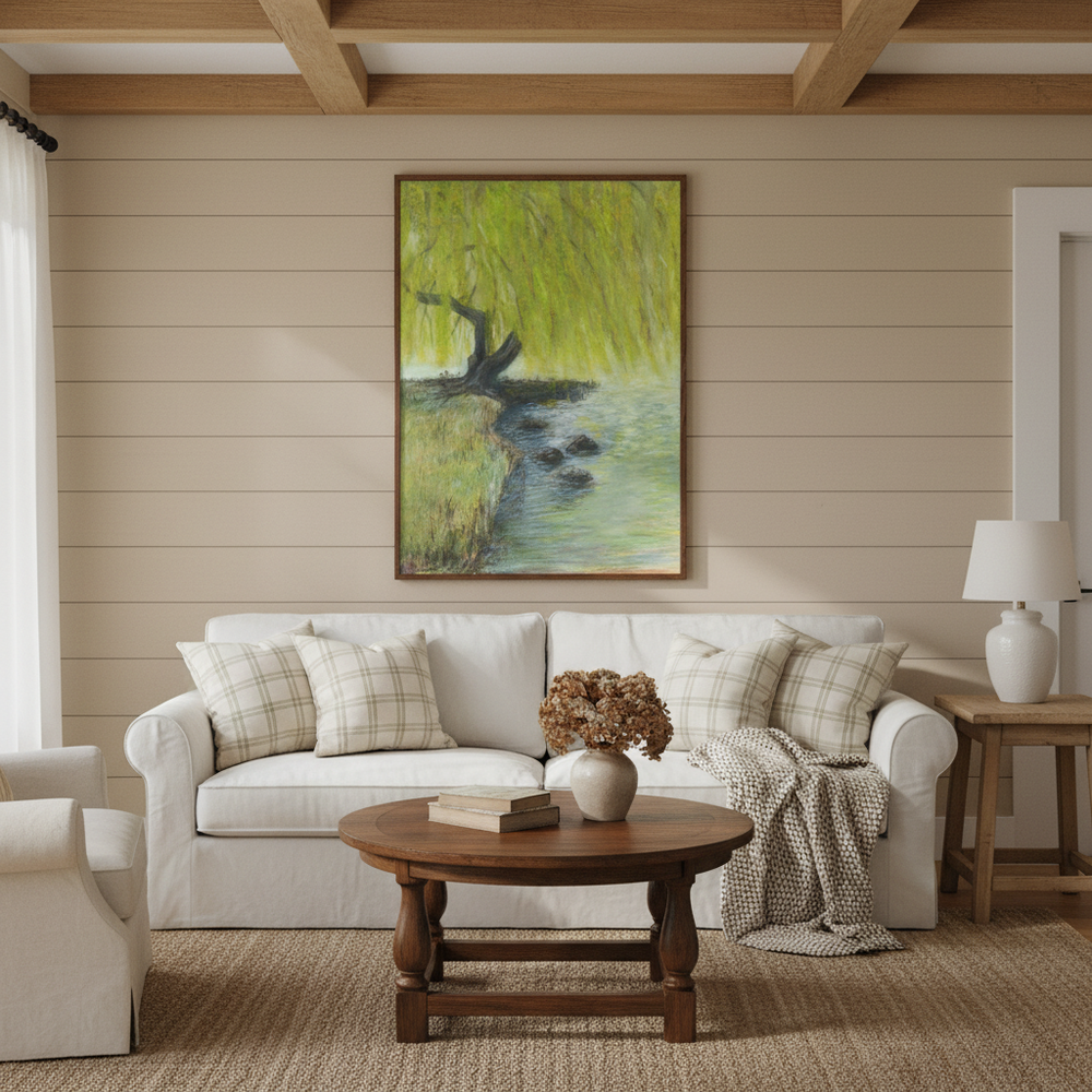 Living room with a white sofa, wooden coffee table, and a painting on the wall - Bromont Media