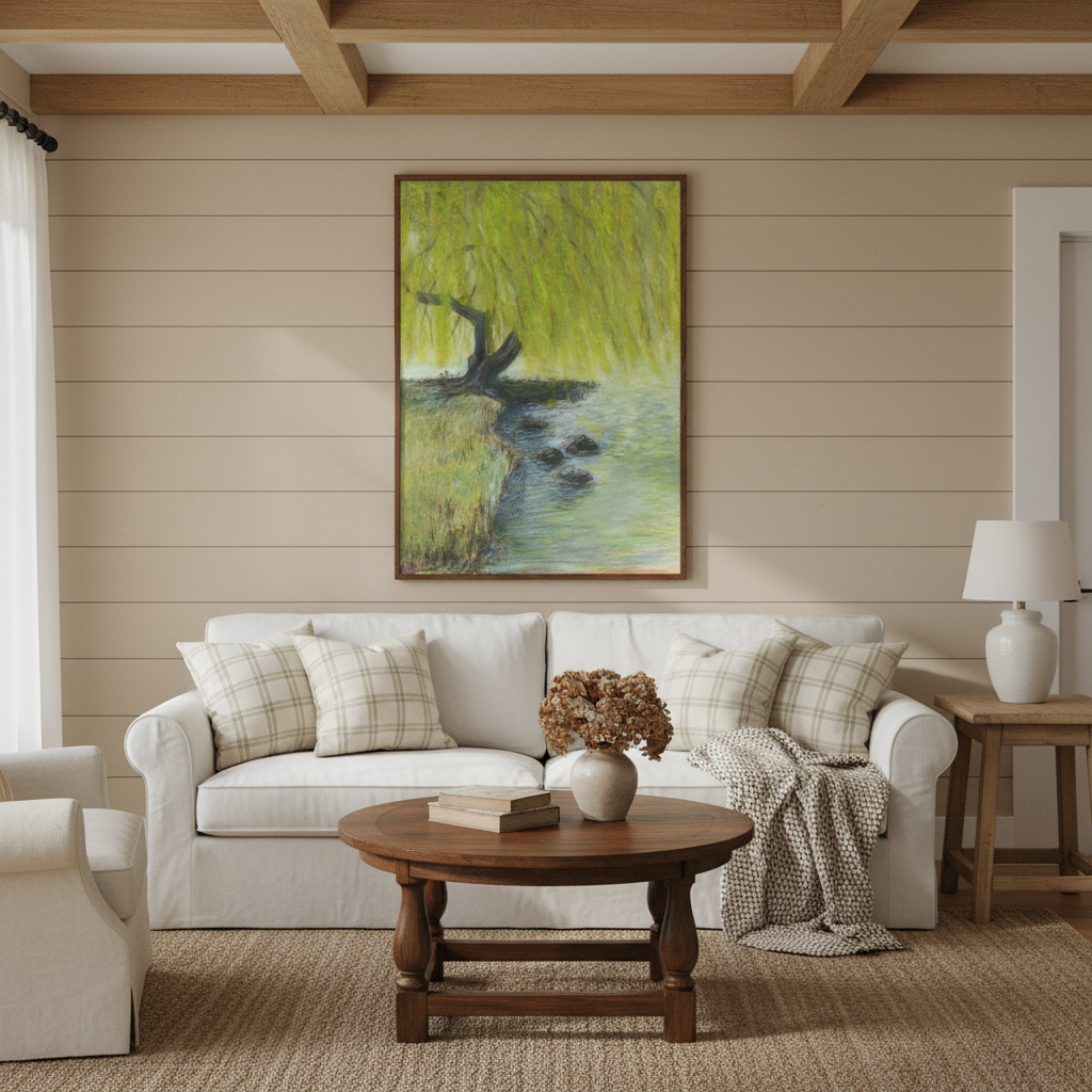 Living room with a white sofa, wooden coffee table, and a painting on the wall - Bromont Media