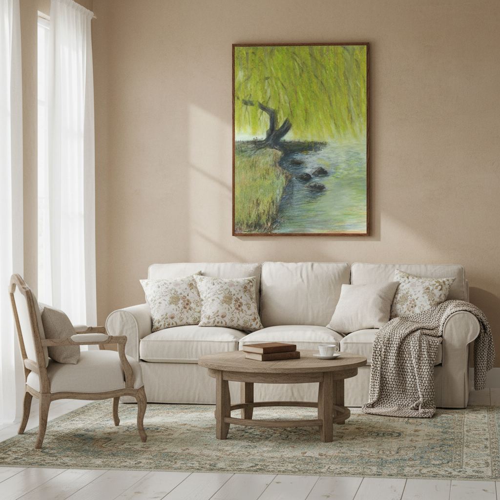 Living room with beige sofa, armchair, and coffee table, featuring a painting of a tree on the wall.