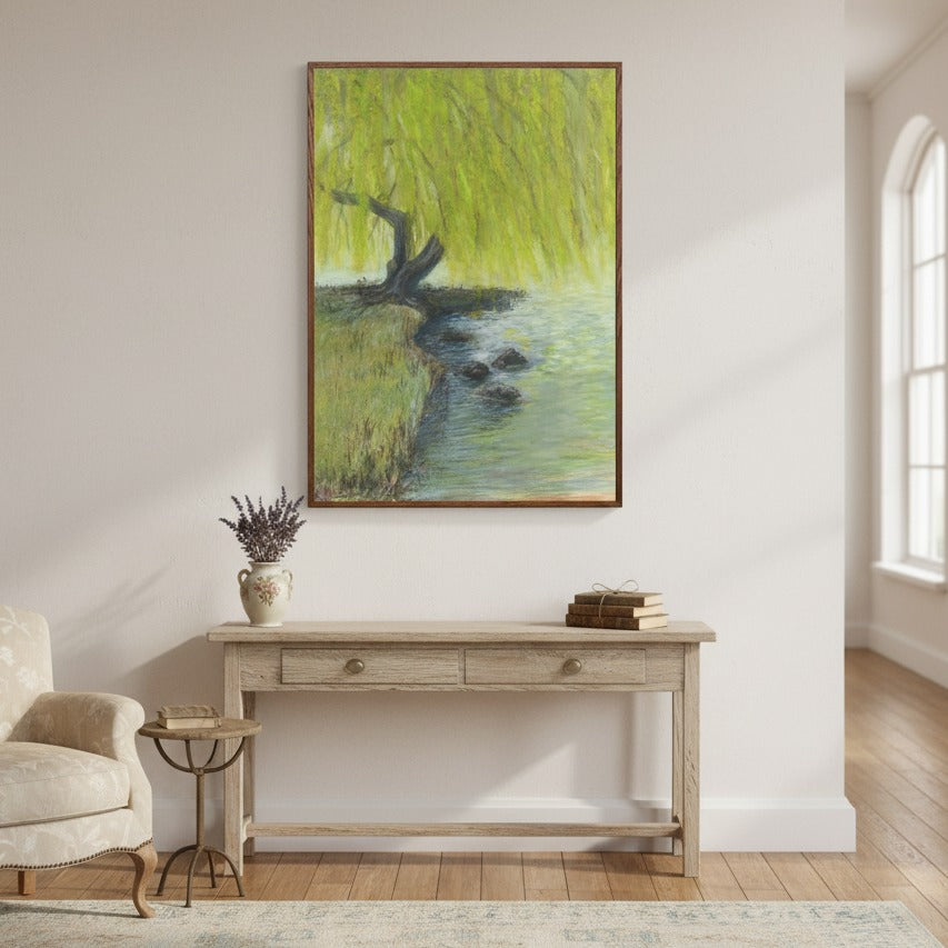 Room interior with a painting of a willow tree, a table with a vase and books, and a chair.