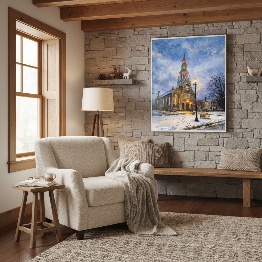 Cozy living room with a stone wall, an armchair, and a decorative painting depicting a church by Studio Shefford.