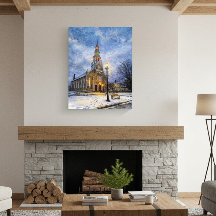 Living room with a fireplace and a large wall-mounted painting of a church.