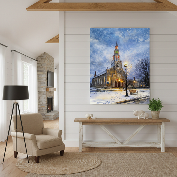Living room with a large painting of a church in a snowy street scene on the wall - Studio Shefford