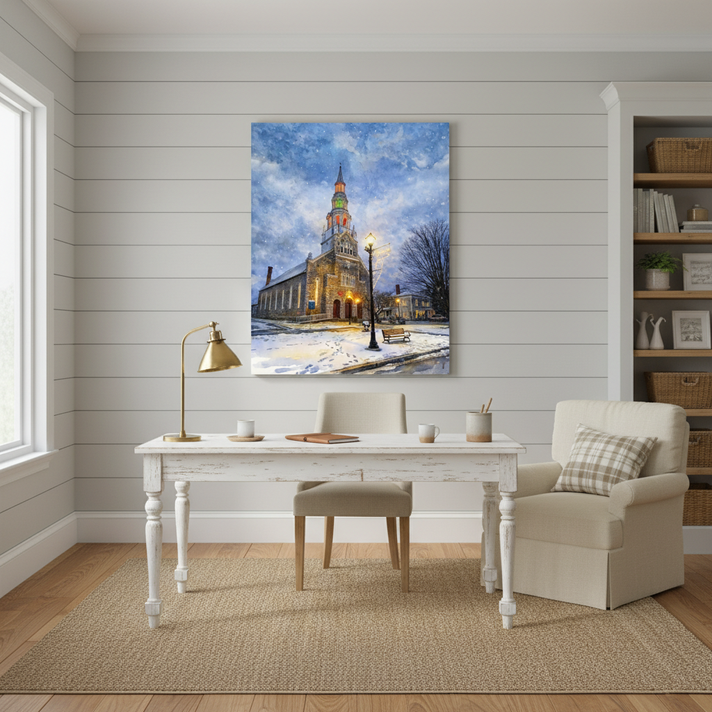 Office with a painting of a church on the wall, a desk, and a chair.