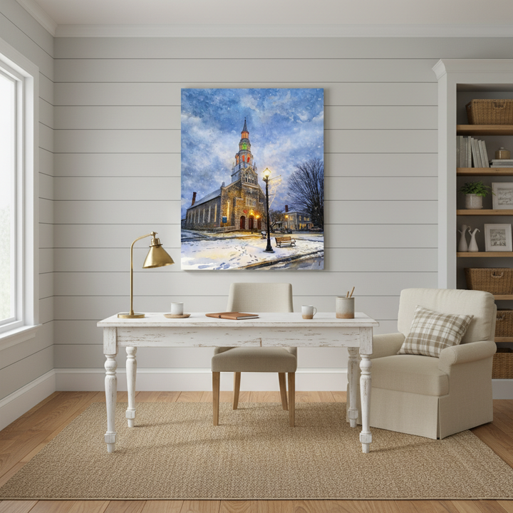 Office with a painting of a church on the wall, a desk, and a chair.