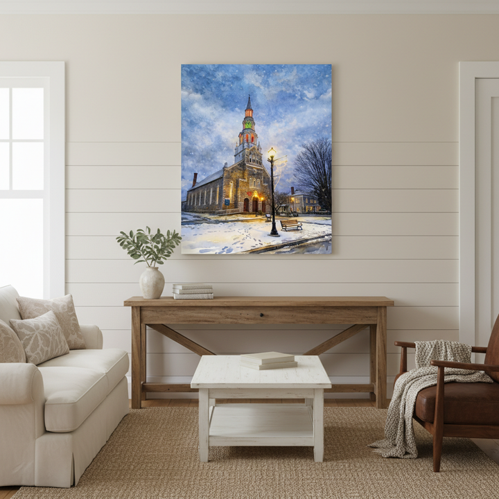 Living room with a painting of a church on the wall