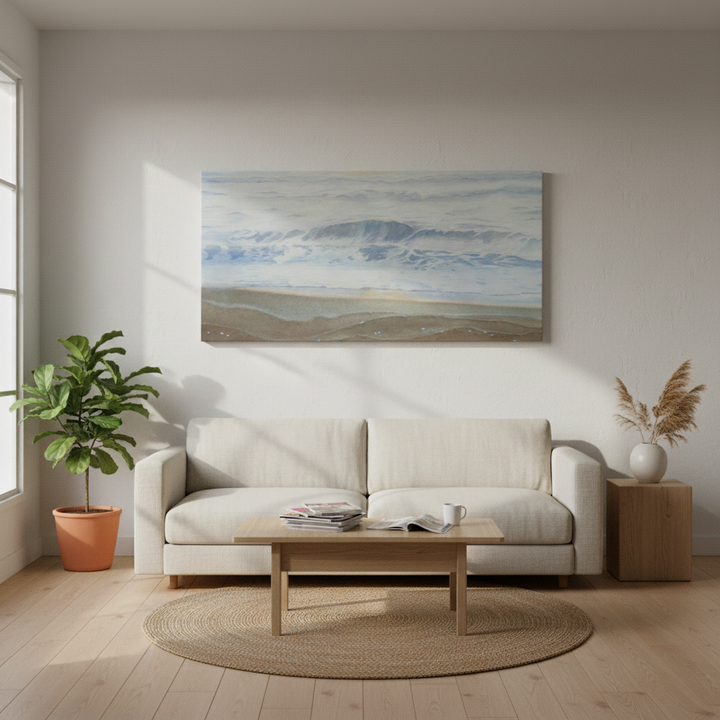 Modern living room with a beige sofa, wooden coffee table, and decorative elements - Bromont Media