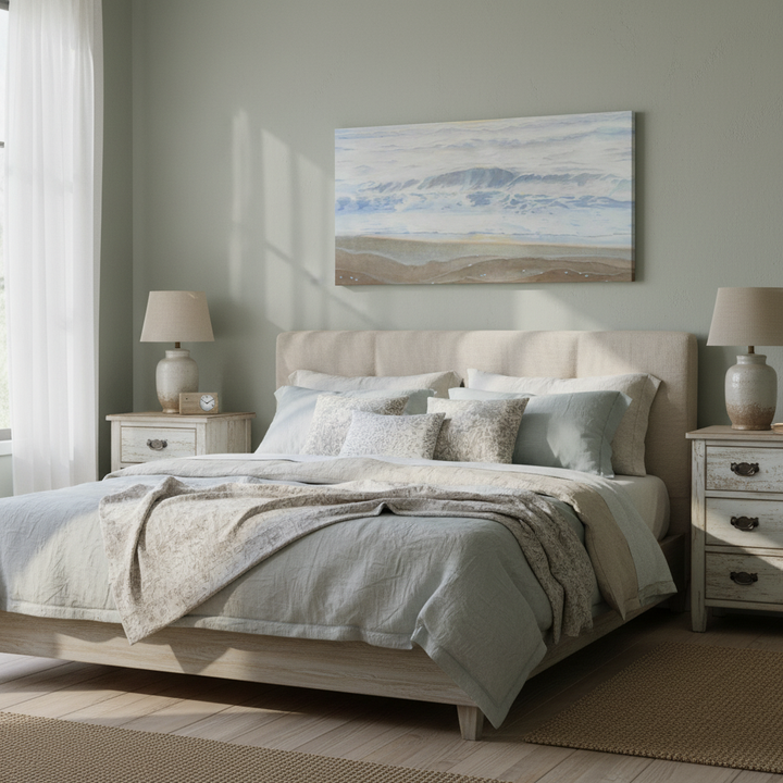 Neatly made bed in a bedroom with two nightstands and a seascape painting on the wall - Bromont Media