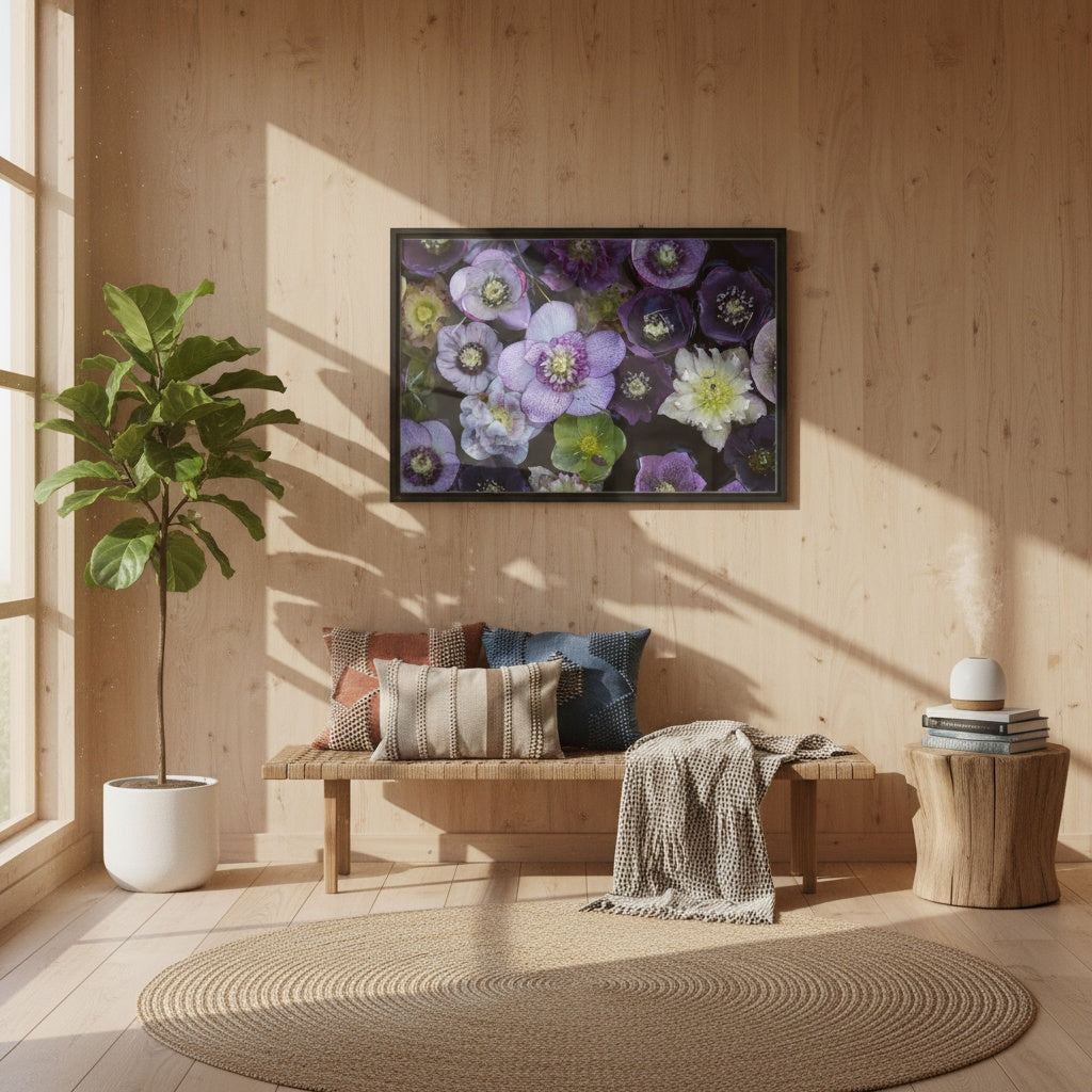 Wellness room with a floral wall art by Andrew Semple, wooden bench, and plant on the floor - On Bromont Media