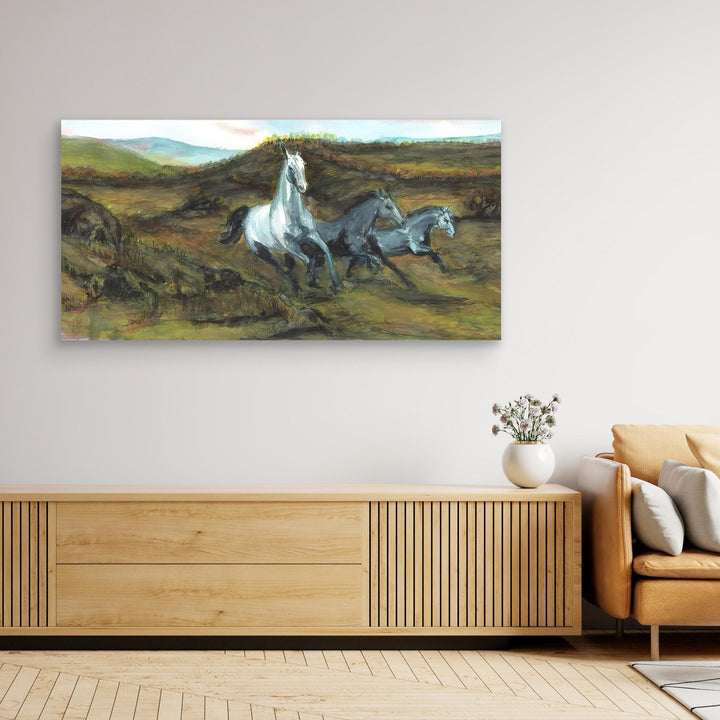 Three Horses Galloping Through Lush Fields Watercolor