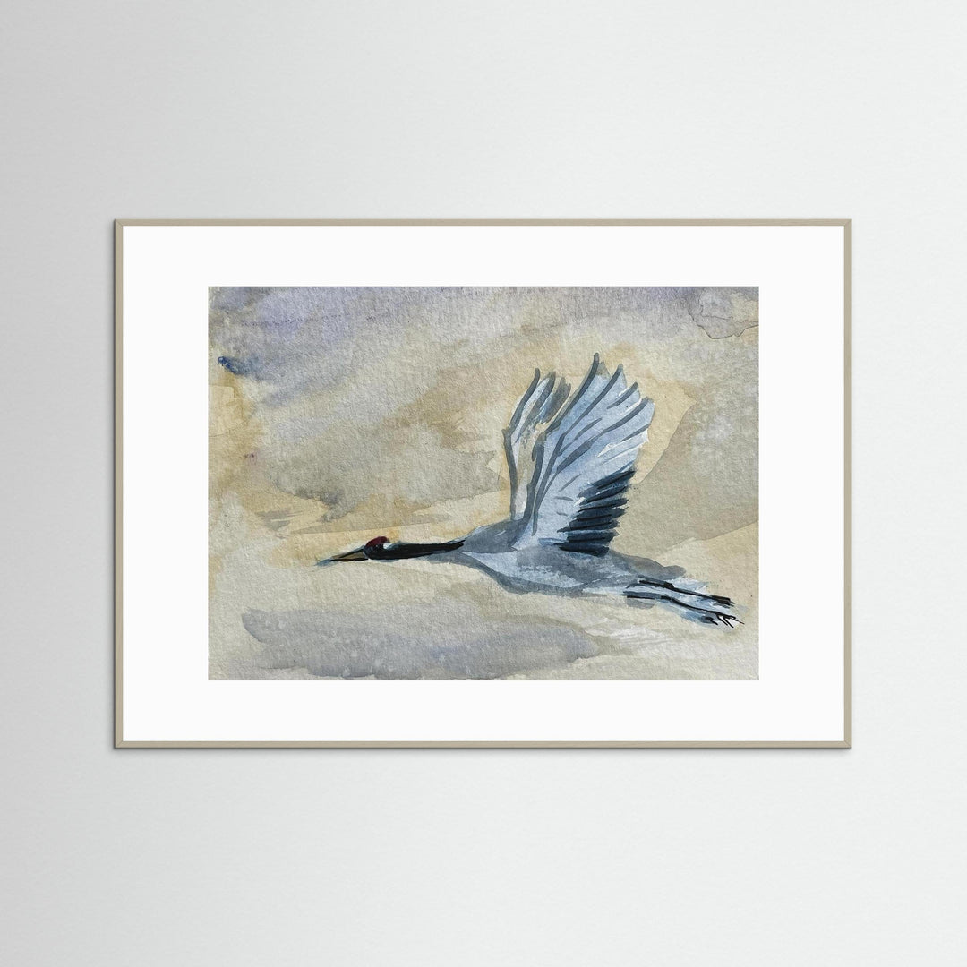 Great Blue Heron in Flight Watercolor Wall Art Decor - Framed Options
