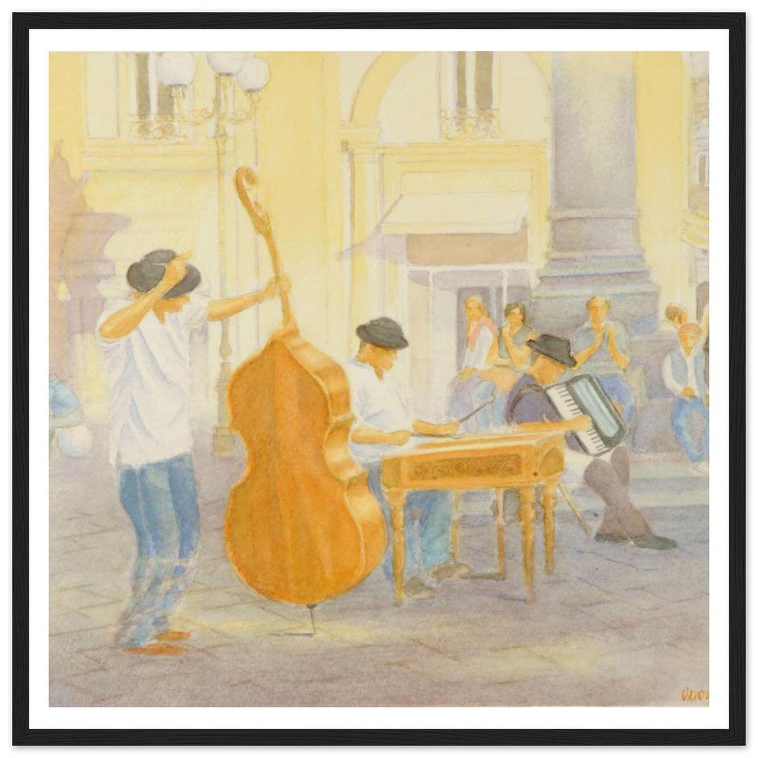 "Under the Column of Abundance" Vibrant Street Performance Watercolor by Veronique Semple - Watercolor wall art print