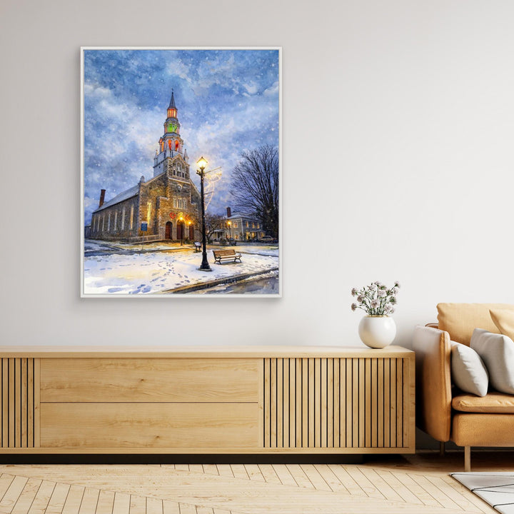 Festive Church in Winter's Embrace - Canvas Framed Options