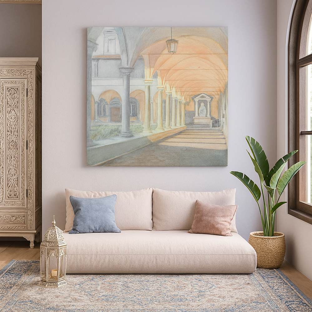 Living room with a beige sofa, decorative pillows, a plant, and a large painting on the wall.