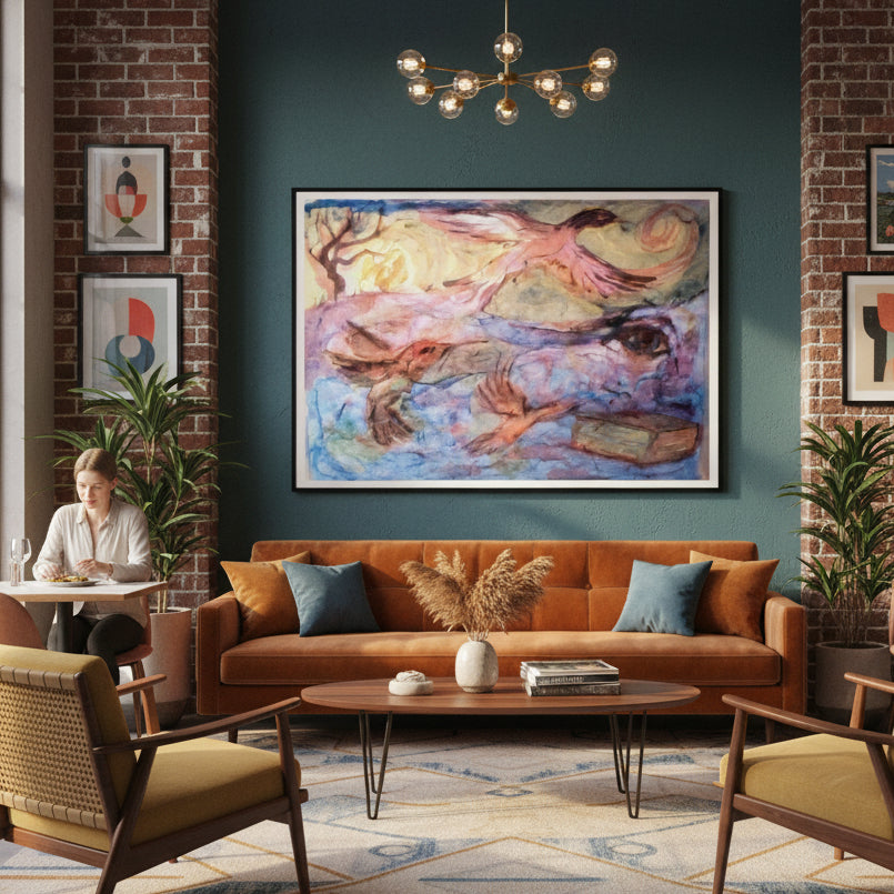 Restaurant interior with woman eating, orange velvet couche and other mid-century modern decor element and large semiabstract watercolor painting - by Andrew Semple on Bromont Media