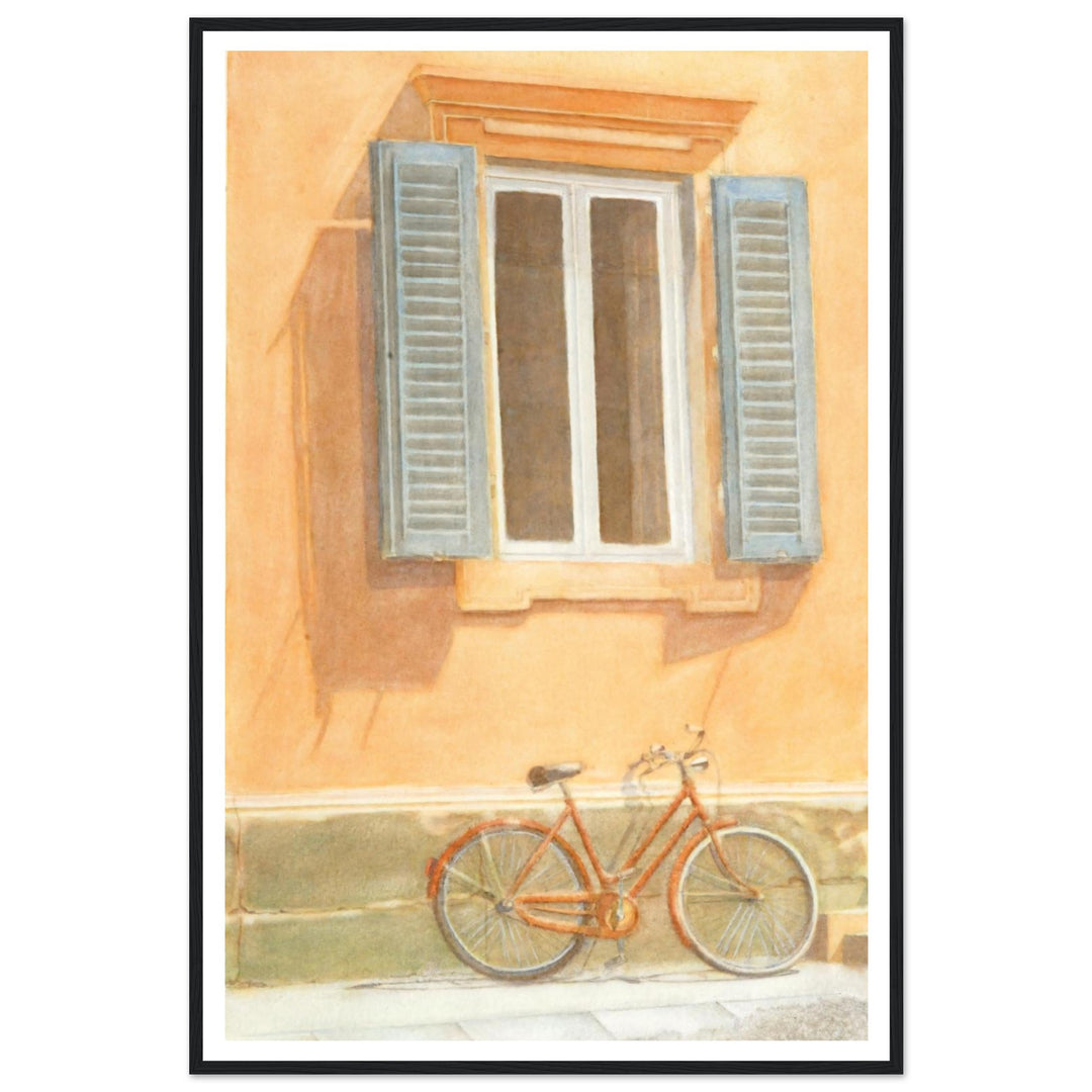 "Midday Break" Charming Bicycle Against Wall in Italy Warm Watercolor by Veronique Semple - Watercolor wall art print