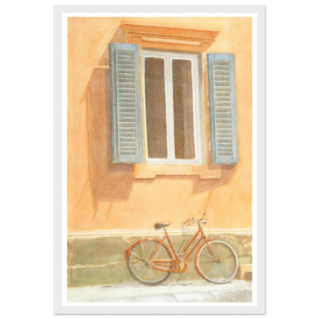 "Midday Break" Charming Bicycle Against Wall in Italy Warm Watercolor by Veronique Semple - Watercolor wall art print"Midday Break" Charming Bicycle Against Wall in Italy Warm Watercolor by Veronique Semple - Watercolor wall art print