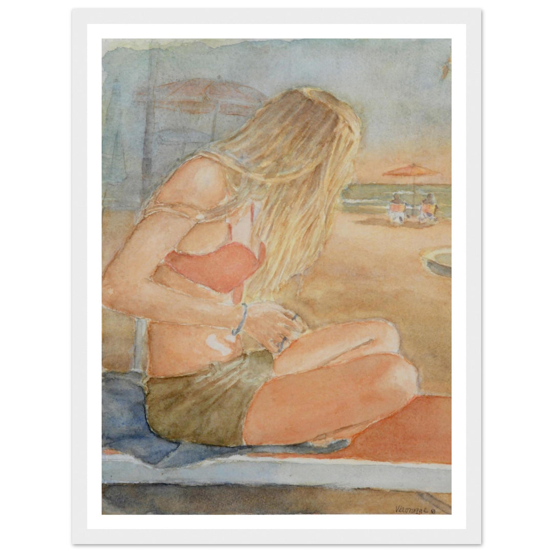 Sundown Serene Beach Watercolor Art Print by Veronique Semple - Watercolor portraiture print for home decor