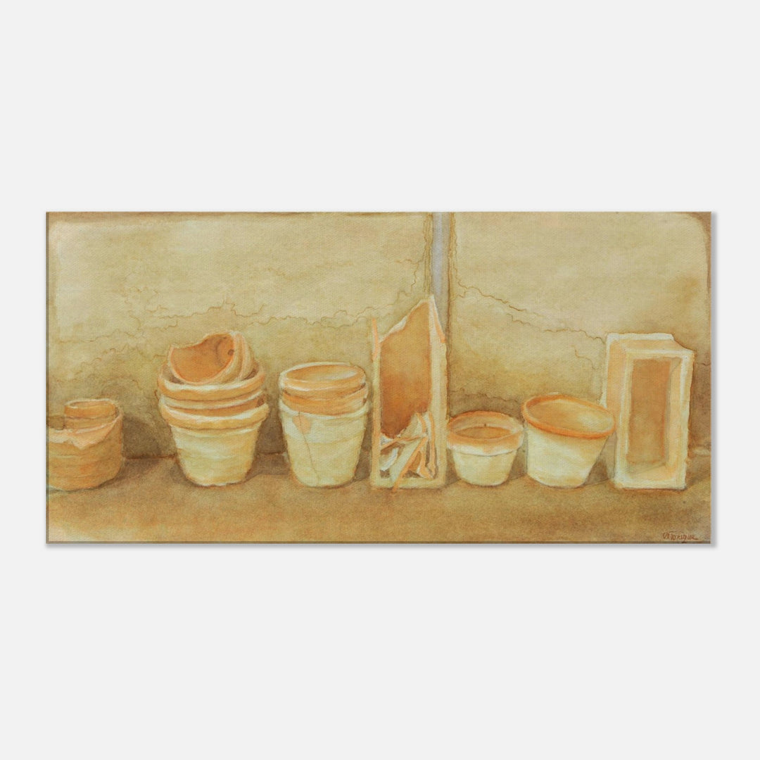 Terracotta Serenity: A Harmonious Display of Handmade Pots by Veronique Semple - Watercolor botanical print for home decor