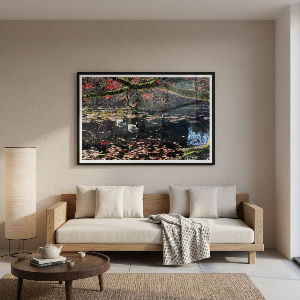 Modern living room with a wooden sofa, round coffee table, and large framed photograph on the wall - by Andrew Semple on Bromont Media