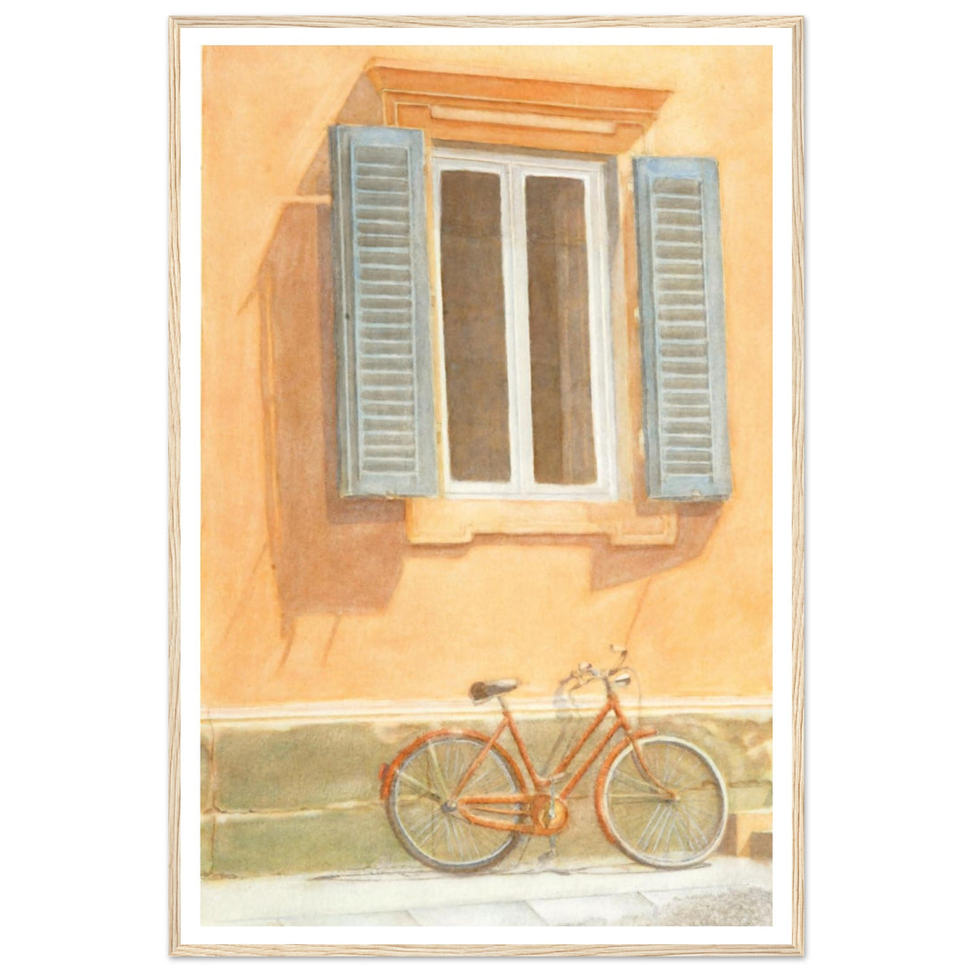 "Midday Break" Charming Bicycle Against Wall in Italy Warm Watercolor by Veronique Semple - Watercolor wall art print