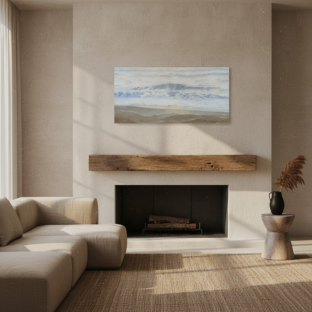 Modern living room with a fireplace, beige sofa, and watercolor painting.