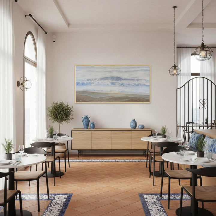Restaurant interior with tables, chairs, and large watercolor painting - by Veronique Semple on Bromont Media