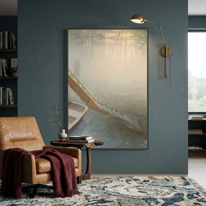 Living room with a large watercolor painting on a teal wall, brown leather chair, and decorative elements - by Veronique Semple on Bromont Media