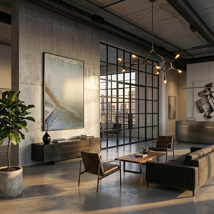 Modern office lobby with industrial design elements, including a large window, chandelier, and large framed watercolor artwork canvas - by Veronique Semple on Bromont Media