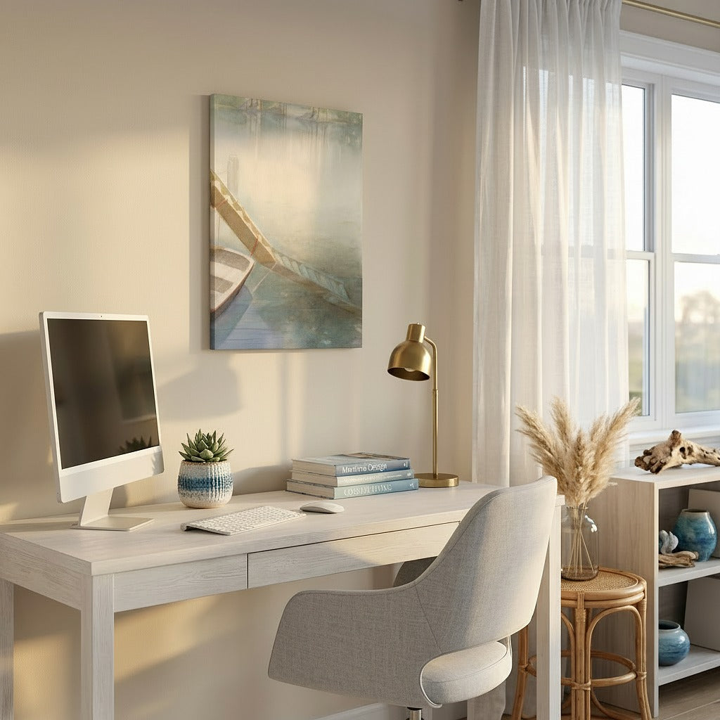 Modern home office with a desk, chair, computer monitor, and watercolor canvas print 