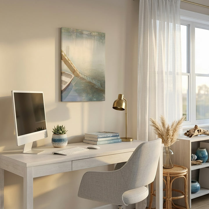 Modern home office with a desk, chair, computer monitor, and watercolor canvas print 
