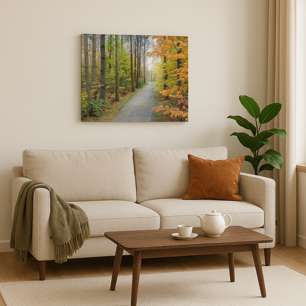Living room with beige sofa, wooden coffee table, and forest painting on wall
