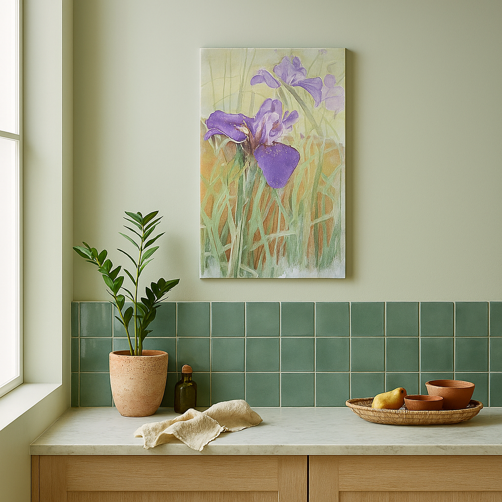 kitchen with a painting of purple flowers, plant, and decorative items on a shelf.