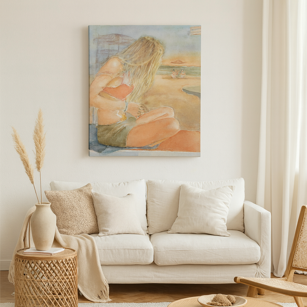Tranquil Reflections: A Watercolor Beach Muse by Veronique Semple - Watercolor portraiture print for home decor