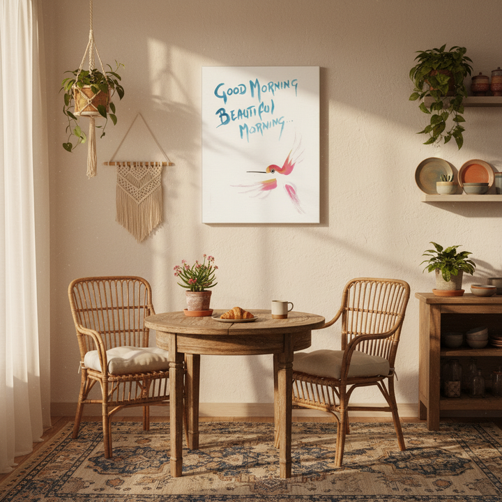 Cozy dining area with wooden table and chairs, plants, and a 'Good Morning Beautiful Morning' canvas print - by Andrew Semple on Bromont Media