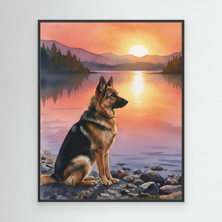 "Guardian of the Lake" German Shepherd Sunset Art Print - Canvas Framed Options
